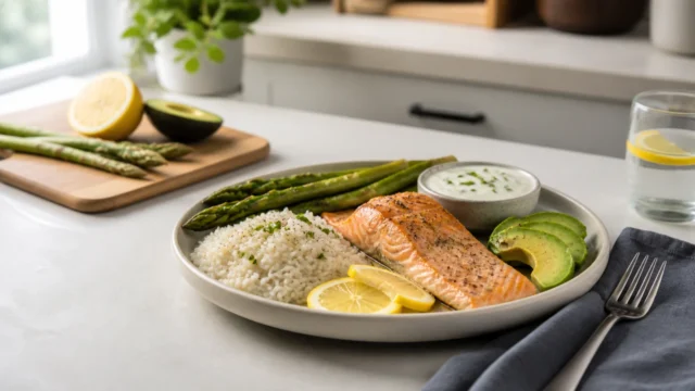 Baked salmon with rice, asparagus, avocado, lemon, and yogurt sauce on a kitchen counter.