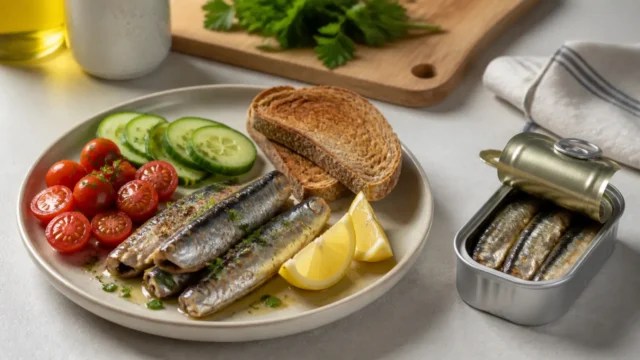 Sardines plated with toast, lemon, tomatoes, cucumber, herbs, and an unbranded open tin.