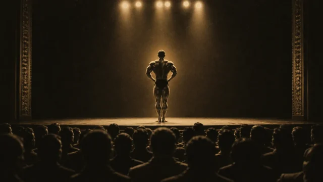 Illustrative late-1960s bodybuilding stage with an anonymous athlete silhouette under a halo of light.