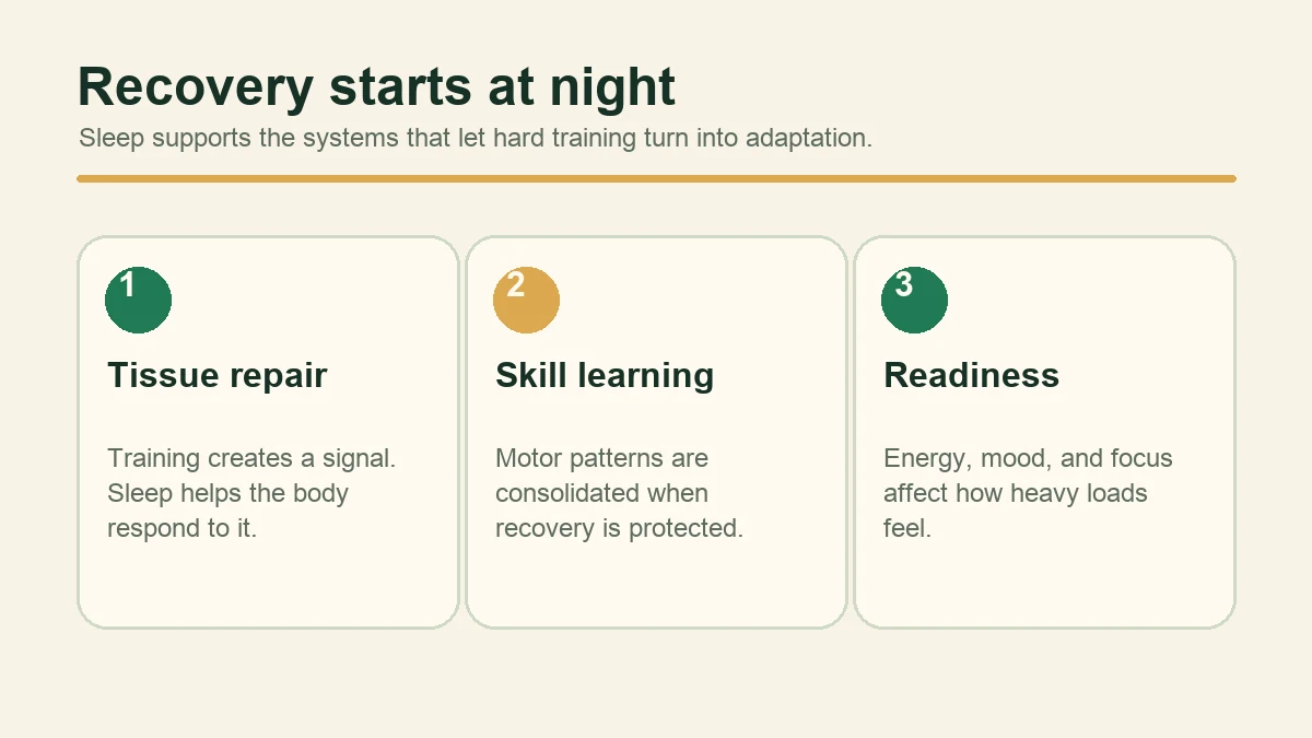 Diagram showing sleep supporting tissue repair, skill learning, and readiness.