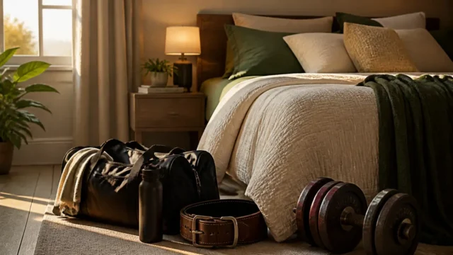 Warm bedroom scene with gym bag, lifting belt, water bottle, and weights near the bed.