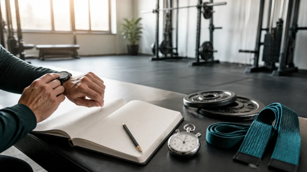 Blank training notebook, stopwatch, small weight plates, and lifting straps on a gym bench while an anonymous hand checks a wristwatch.