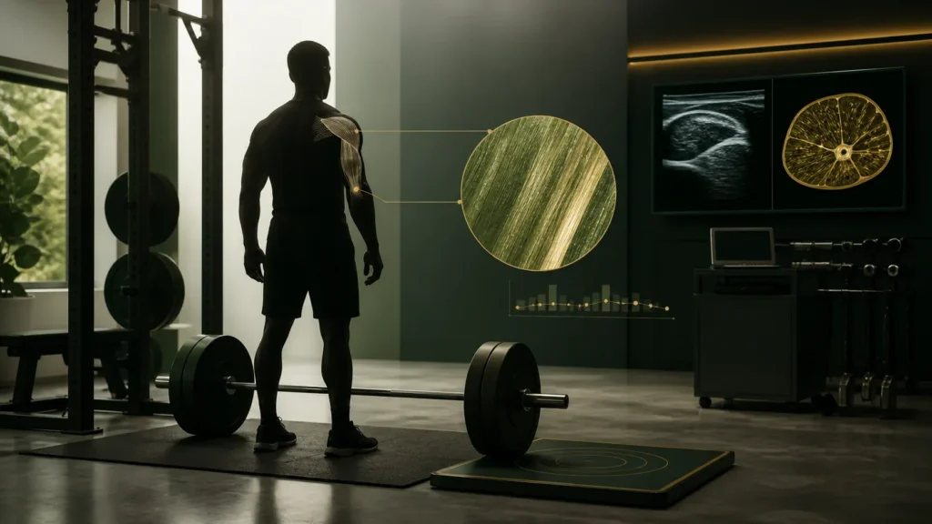 Anonymous lifter in a strength lab gym with barbell, force plate, and abstract muscle fiber analysis overlay.
