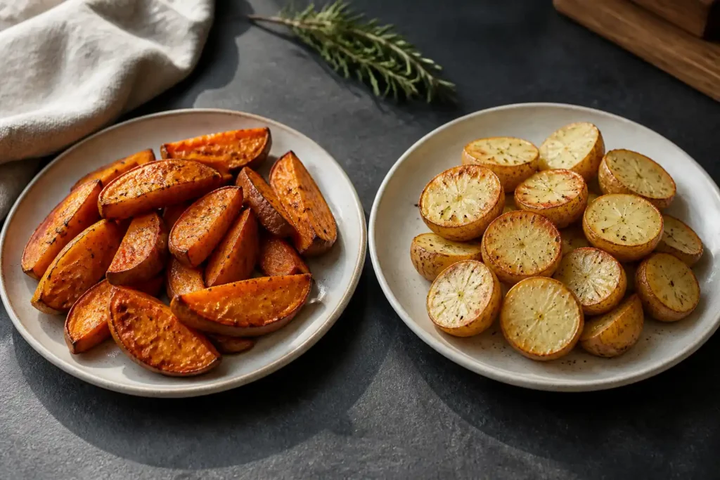 Roasted orange sweet potato wedges and roasted white potato halves on separate ceramic plates