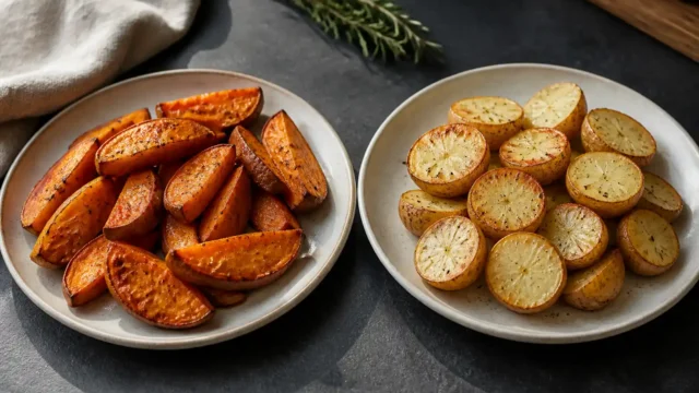 Roasted orange sweet potato wedges and roasted white potato halves on separate ceramic plates