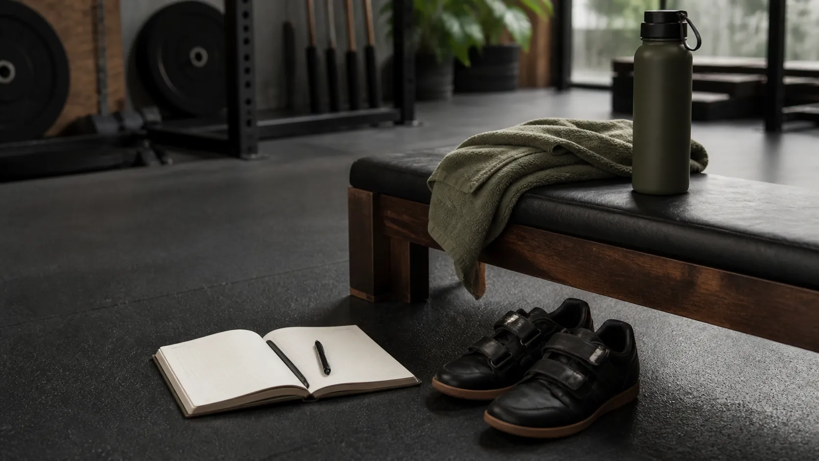 Open training log, lifting shoes, towel, and water bottle arranged beside a gym bench after a session.