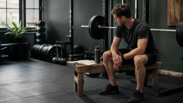 Lifter seated beside a squat rack after training with an open logbook and water bottle on a wooden bench.