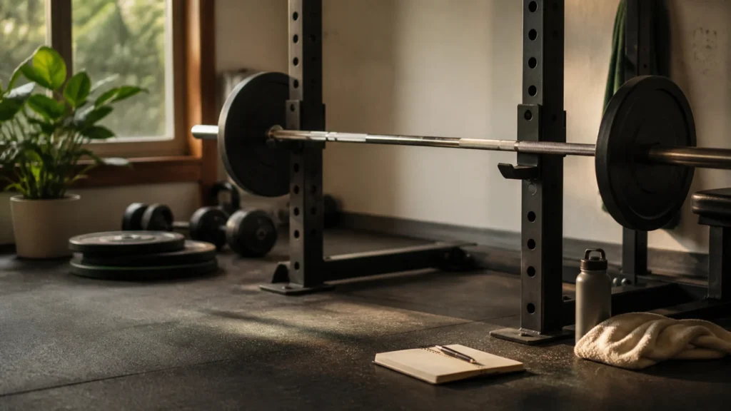 Small strength training setup with barbell, rack, notebook, moderate plates, towel, and water bottle.