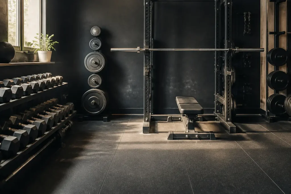 Orderly strength gym with a squat rack, flat bench, re-racked plates and dumbbells