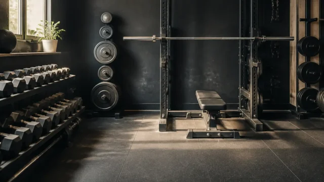Orderly strength gym with a squat rack, flat bench, re-racked plates and dumbbells