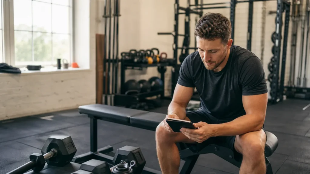 Adult lifter checking a phone beside dumbbells and a bench while planning a realistic weekly gym schedule.