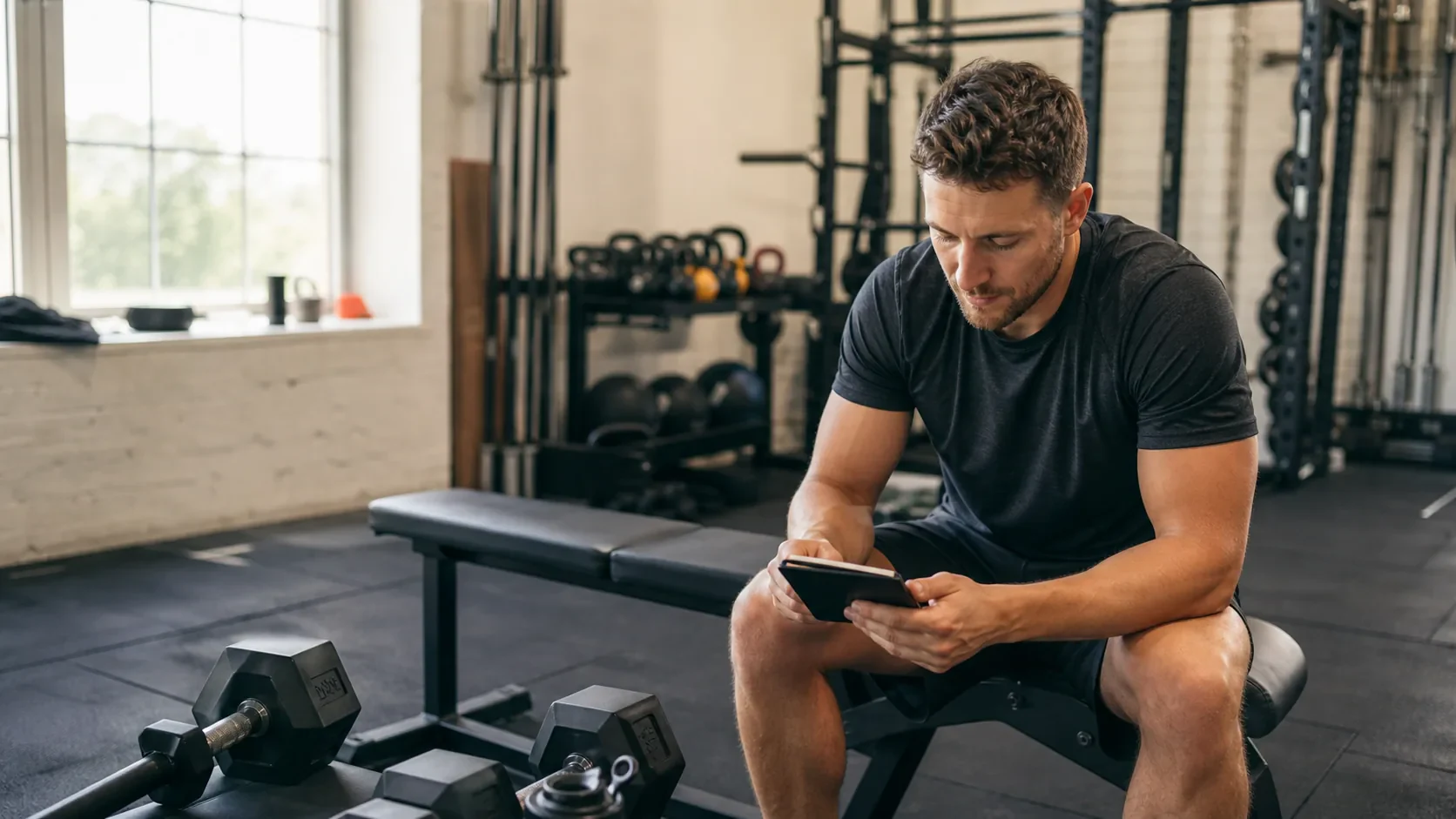Adult lifter checking a phone beside dumbbells and a bench while planning a realistic weekly gym schedule.