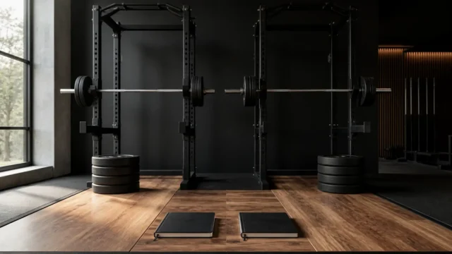 Two adjacent squat racks with barbells and two closed training notebooks on a wooden gym floor