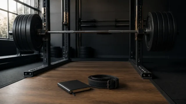 Loaded barbell in a power rack with a training logbook and lifting belt on a wooden platform