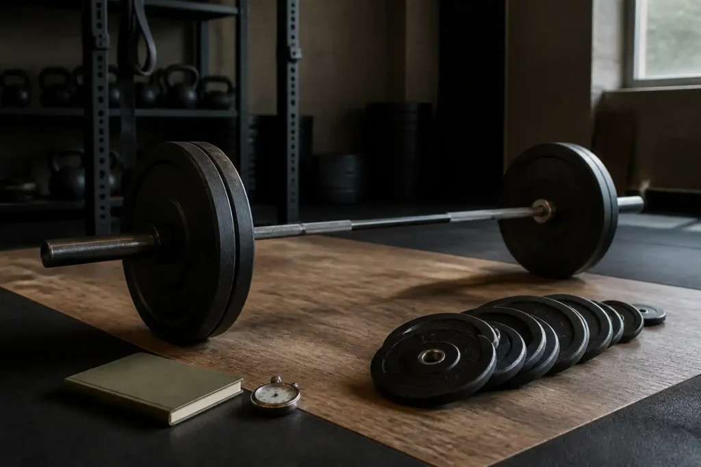 Barbell on a wooden lifting platform with a small orderly stack of black weight plates, a closed logbook and a stopwatch