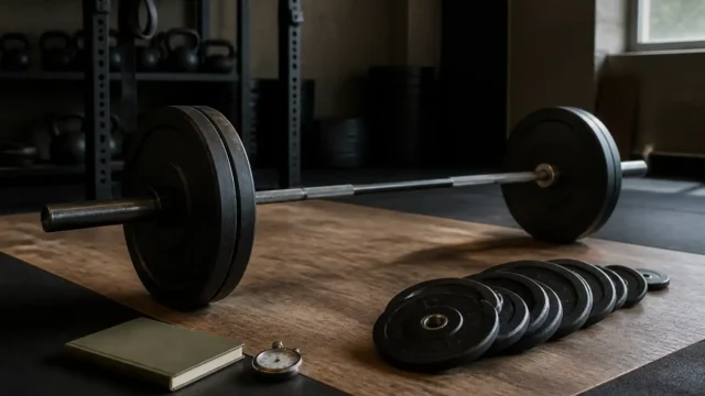 Barbell on a wooden lifting platform with a small orderly stack of black weight plates, a closed logbook and a stopwatch
