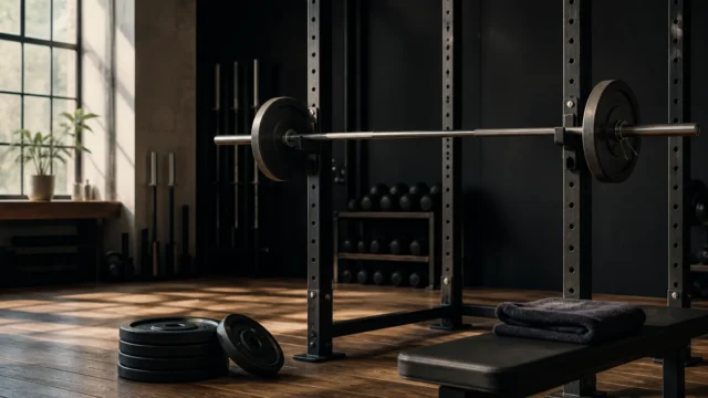 Lightly loaded barbell resting in a quiet power rack with a few weight plates and folded towel nearby