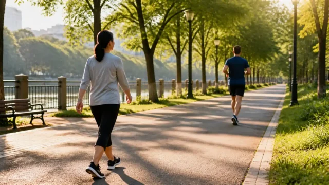 Adult walking briskly on a tree-lined city park path while another adult jogs farther ahead.