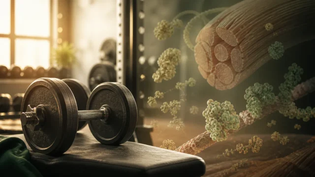Dumbbell on a gym bench with abstract muscle fiber and protein synthesis overlay in warm light.