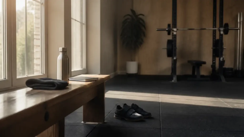 Quiet morning strength gym with a folded towel, water bottle, notebook and training shoes beside an empty squat rack.