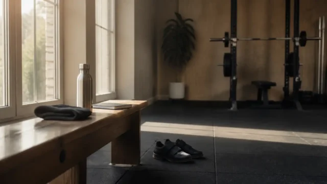 Quiet morning strength gym with a folded towel, water bottle, notebook and training shoes beside an empty squat rack.