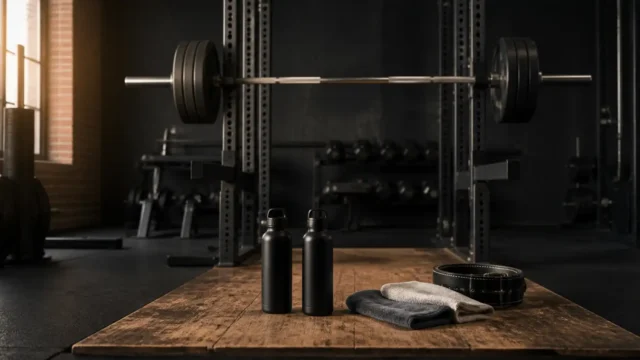 Two black water bottles, towels and a lifting belt on a wooden platform in a quiet strength gym
