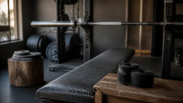 Plain black wrist wraps on a wooden block beside an empty bench press and barbell in a quiet strength gym