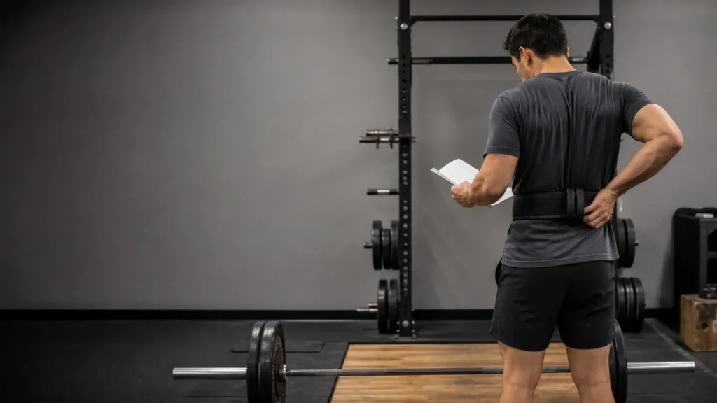 Adult lifter adjusting an unbranded lifting belt beside a barbell while consulting a simple training log in a modest gym.