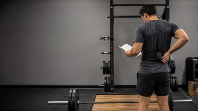 Adult lifter adjusting an unbranded lifting belt beside a barbell while consulting a simple training log in a modest gym.