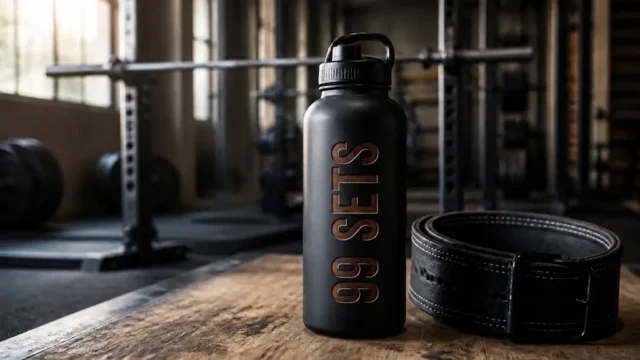 Wide matte-black 99 SETS gym water bottle beside a black lifting belt in a quiet strength gym.