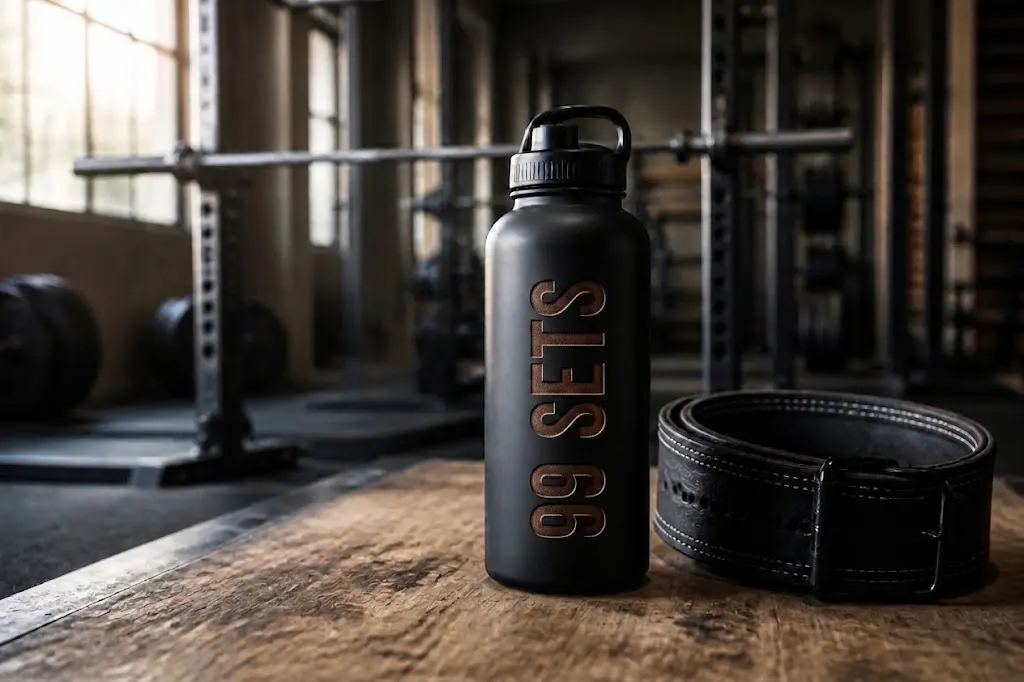 Wide matte-black 99 SETS gym water bottle beside a black lifting belt in a quiet strength gym.