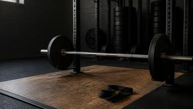 Lightly loaded barbell resting on safety arms in a quiet strength gym