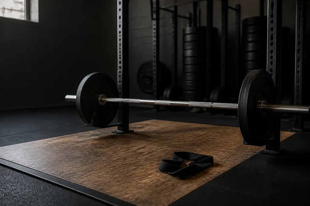 Lightly loaded barbell resting on safety arms in a quiet strength gym