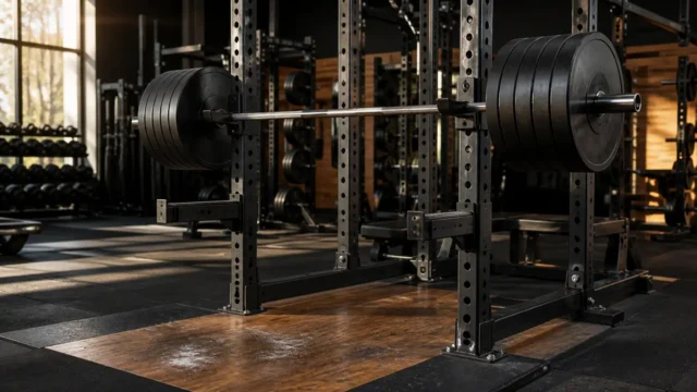 Heavily loaded barbell resting safely on J-hooks in a power rack