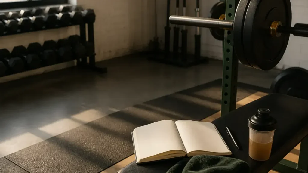 Quiet gym bench with loaded barbell, open training notebook, towel, and shaker.