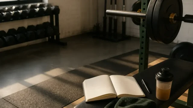 Quiet gym bench with loaded barbell, open training notebook, towel, and shaker.
