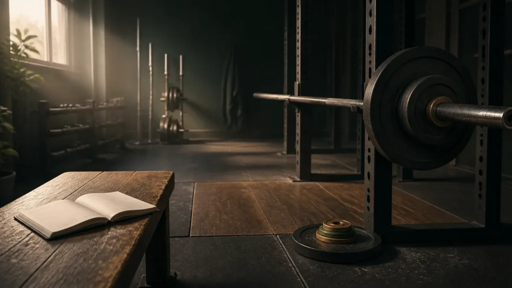 Barbell with small fractional plates in an empty strength gym beside an open training log