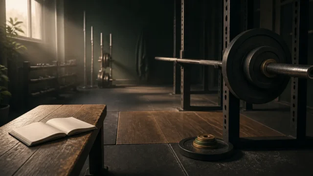Barbell with small fractional plates in an empty strength gym beside an open training log