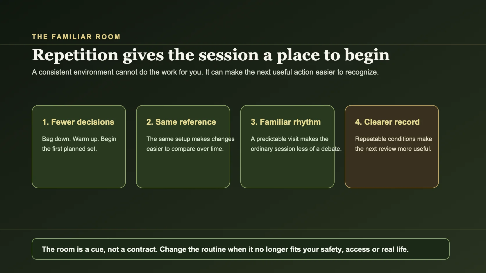 Four ways a familiar training room can help: fewer setup decisions, consistent equipment, familiar rhythm and a clearer training record.