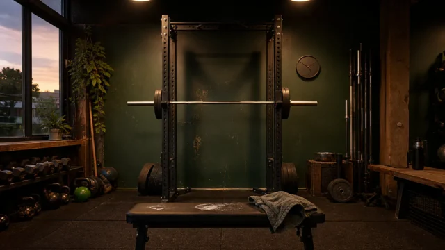 Empty strength-training room at dusk with a squat rack, bench, barbells, chalk and a folded towel