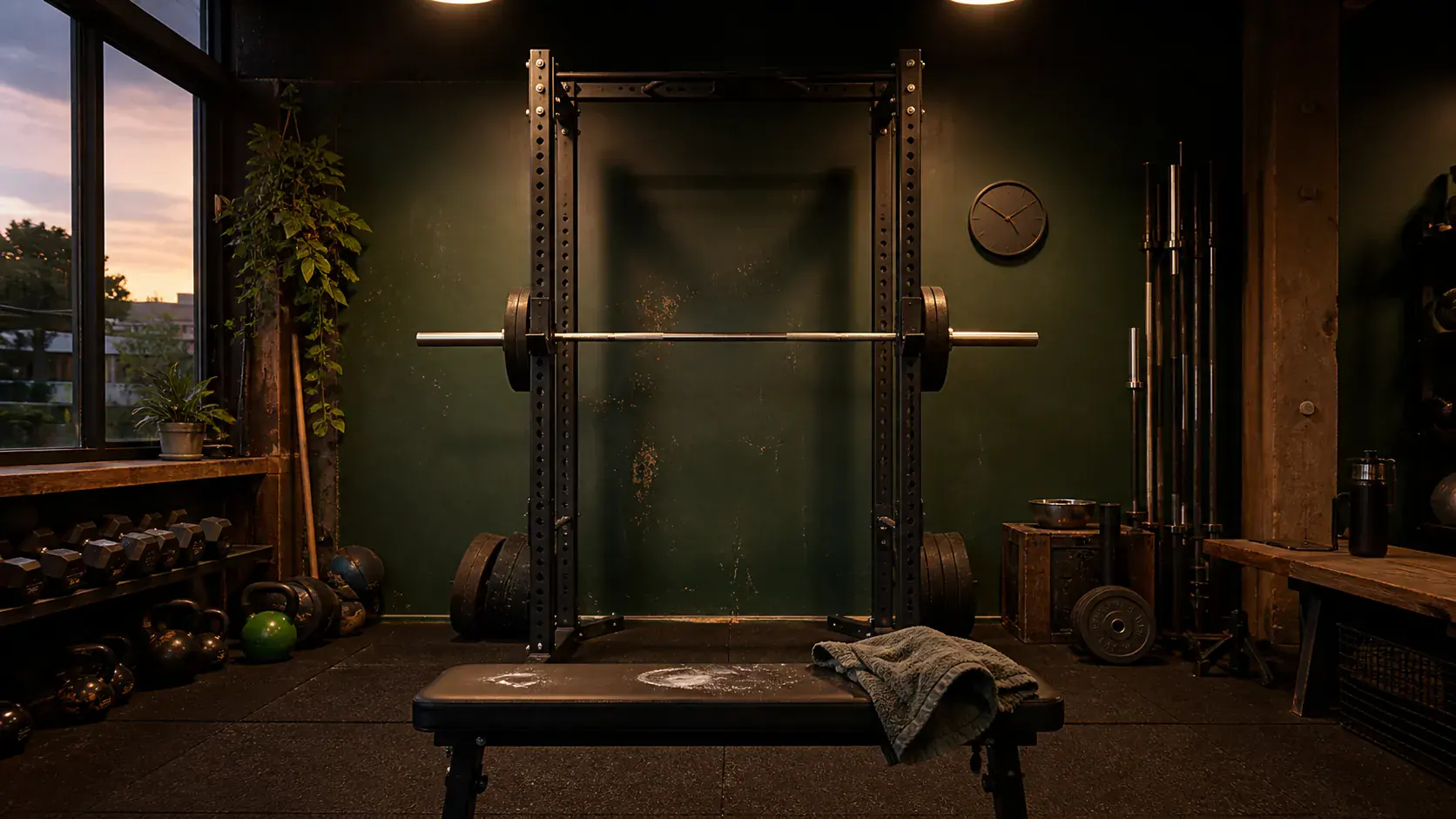 Empty strength-training room at dusk with a squat rack, bench, barbells, chalk and a folded towel