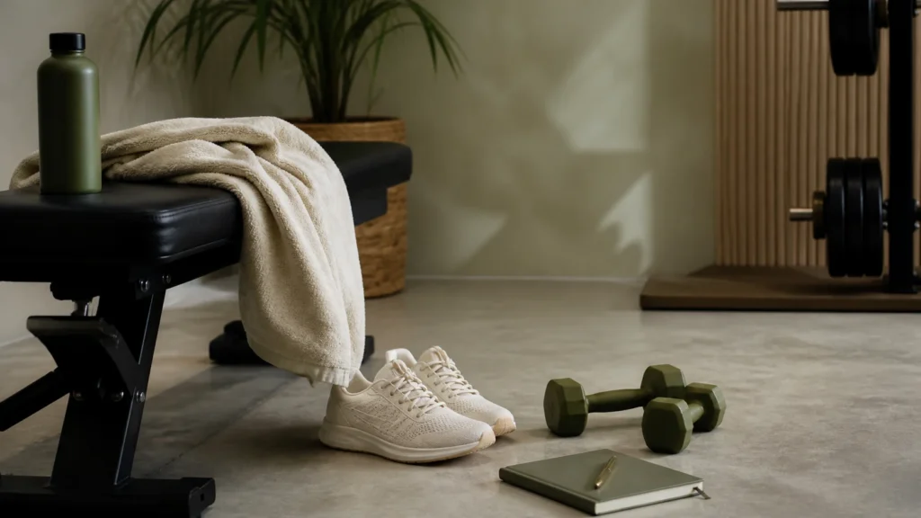 Bench, towel, green water bottle, dumbbells, shoes, and closed notebook in a calm gym corner.