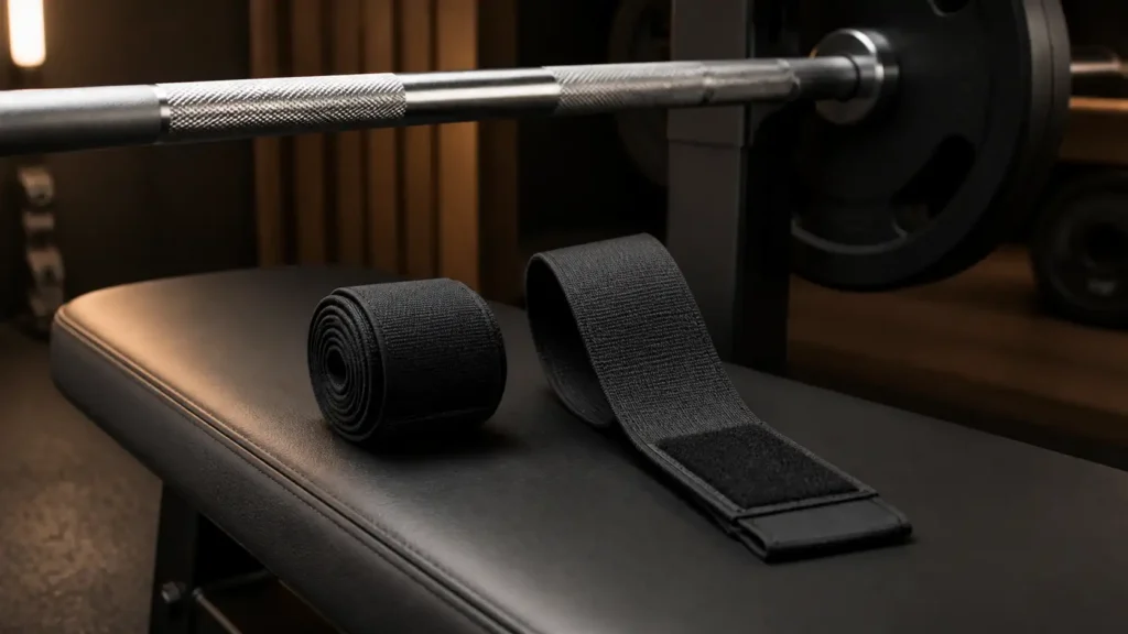 Two plain black wrist wraps on a bench below a loaded barbell in a quiet strength gym