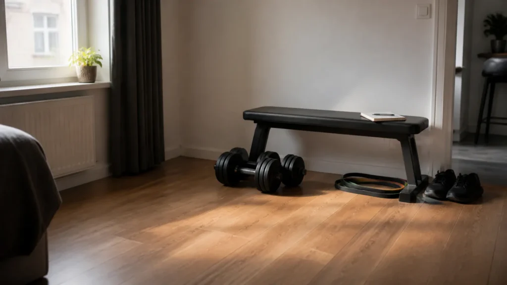 Minimal apartment training area with adjustable dumbbells, bands, a bench, training shoes, and a notebook.